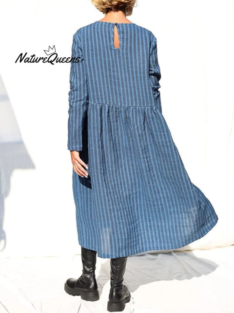 Women's Casual Solid Color Round Neck Long Sleeve Striped Print Dress