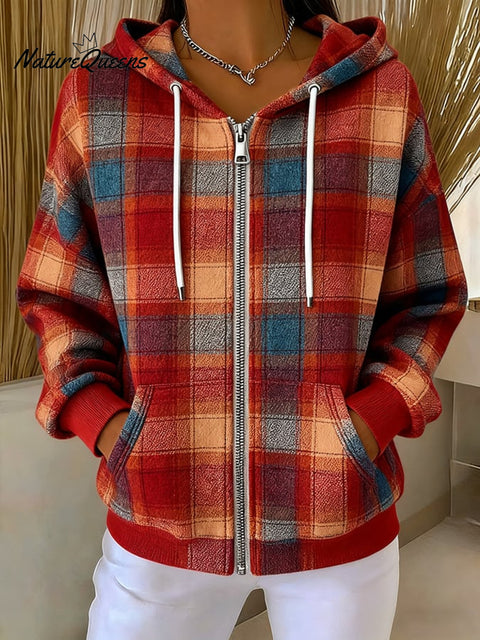 Women's Casual Retro Plaid Hoodie Jacket