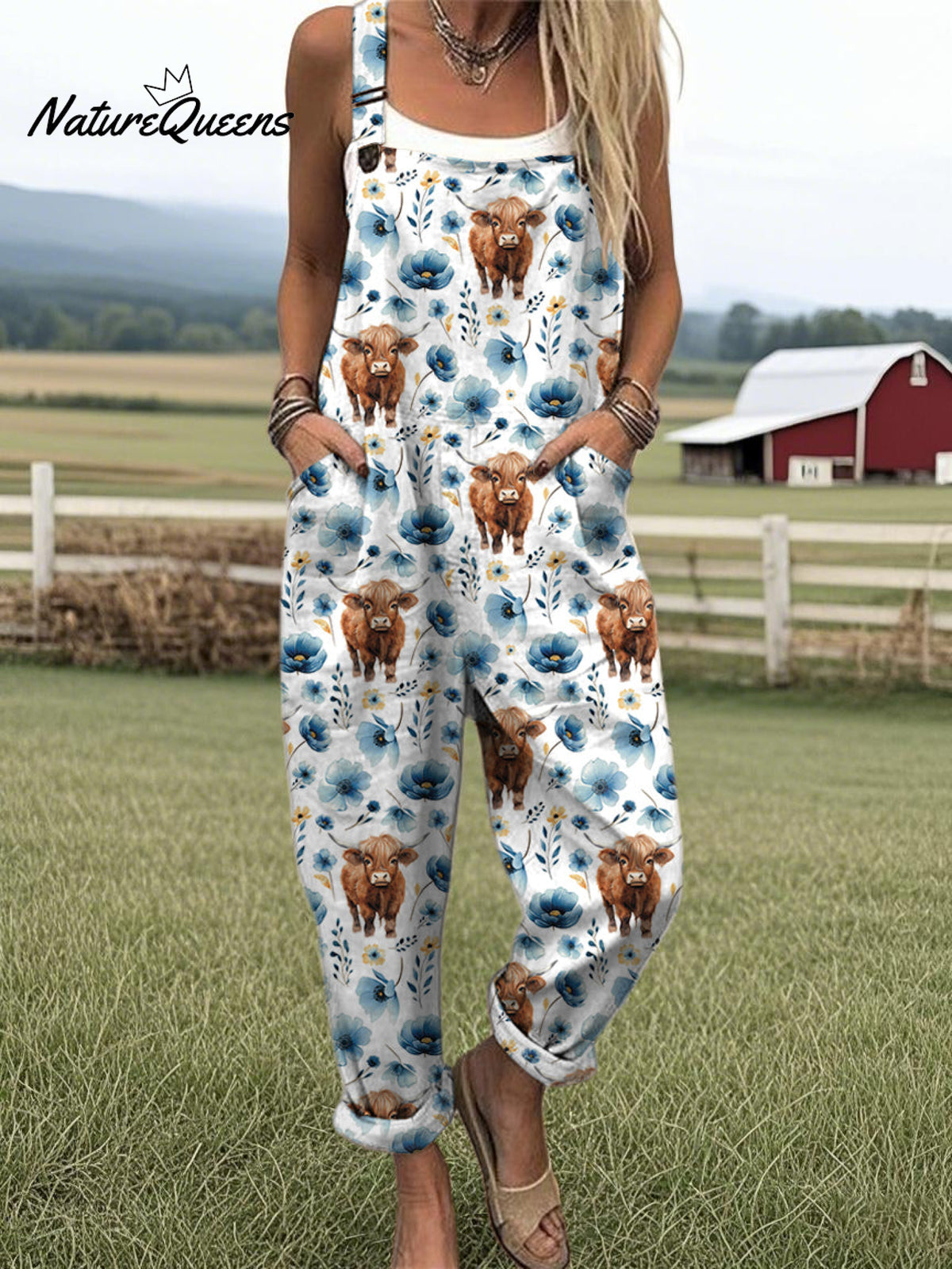 Women's Highland Cow Floral Print Casual Cotton Wide Leg Jumpsuit