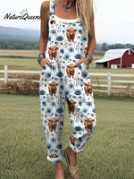 Women's Highland Cow Floral Print Casual Cotton Wide Leg Jumpsuit