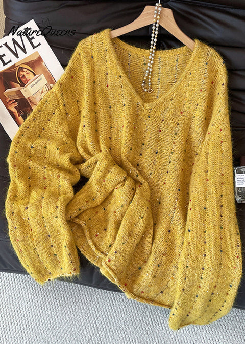 Handmade Yellow Embroidered Sequins Knit Sweater Fall