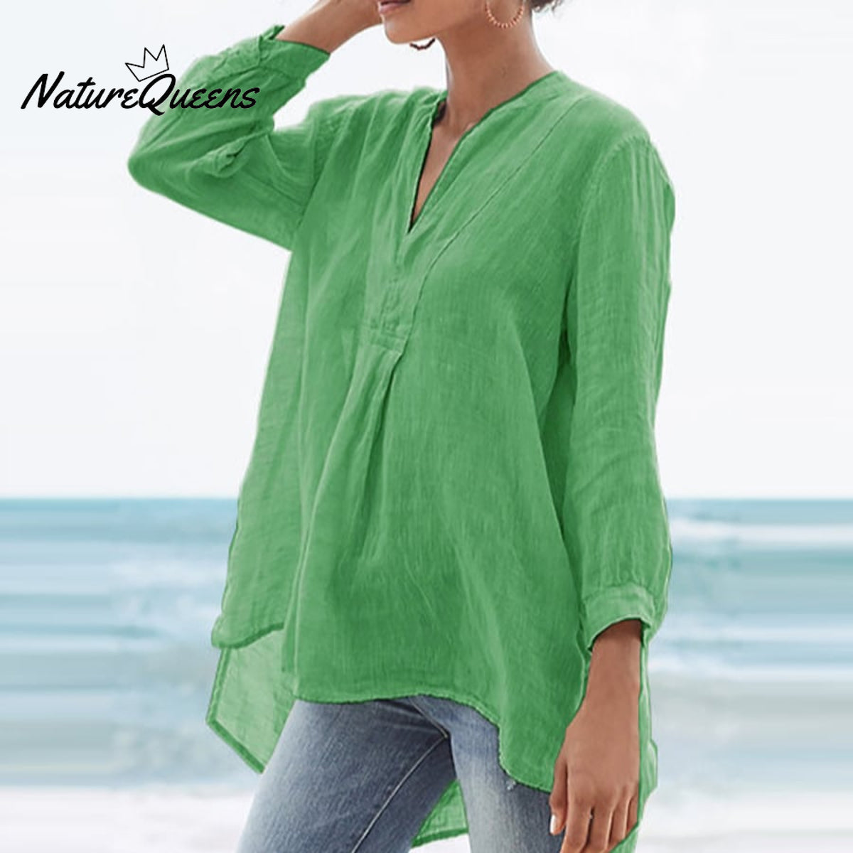 Ladies Casual Simple Style Cotton Linen Shirt Green / S