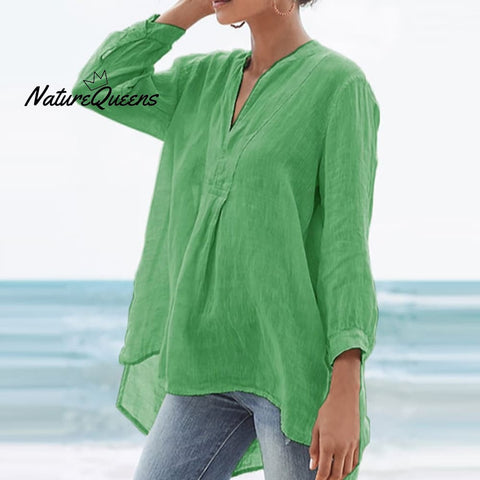 Ladies Casual Simple Style Cotton Linen Shirt Green / S