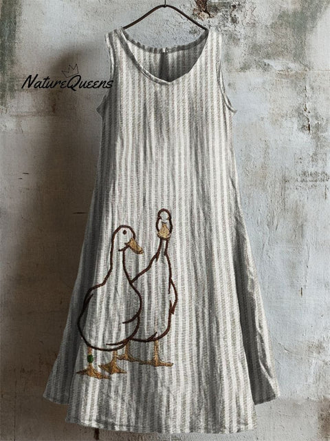 Lovely Ducks Embroidered Striped Linen Tank Dress