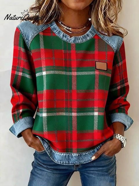 Women'S Casual Round Neck Denim Patchwork Plaid Print Pullover Sweatshirt