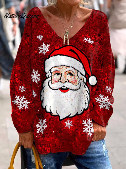 Women’s Christmas Print Casual V-Neck Loose T-Shirt