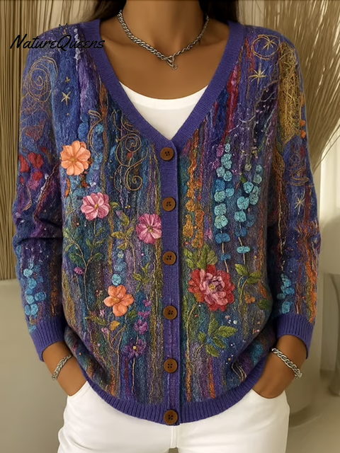 Women Cotton Floral Long Sleeve Comfy Casual Cardigan