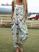 Women's Farm Chicken And Floral Pattern Casual Cotton Wide Leg Jumpsuit