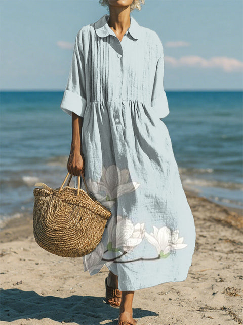 Women's Casual Cotton-Linen Peter Pan Collar 3/4 Sleeve Dress