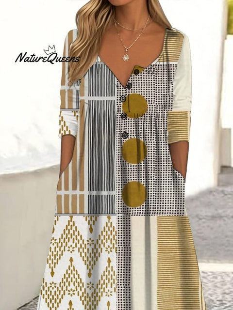 Women's Casual Button Collar Contrast Geometric Pattern Print Dress