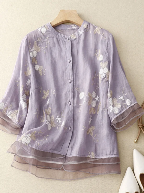 Women's Embroidered Fashion Round Neck Cotton Casual Shirt