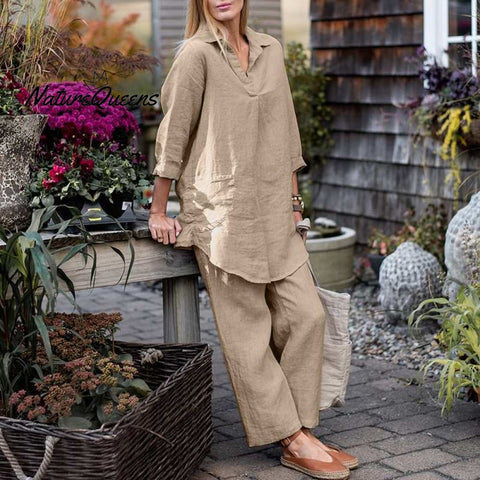 Elegant Shirt Wide Leg Pants Solid Color 2pieces-Suit