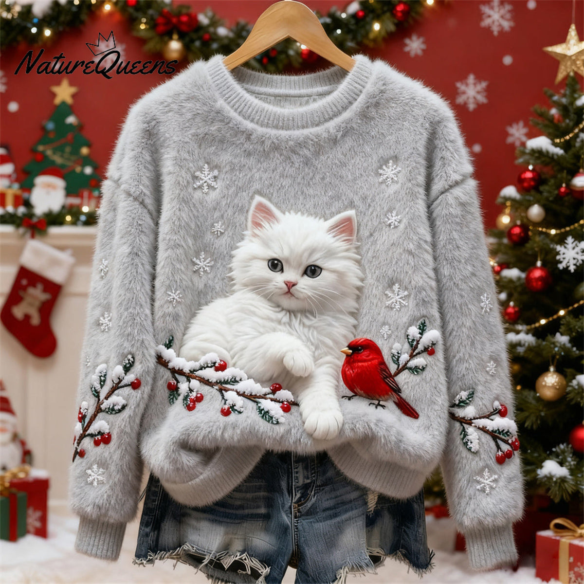 Christmas Cat & Bird Art Women's Flannel Sweater