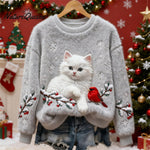 Christmas Cat & Bird Art Women's Flannel Sweater
