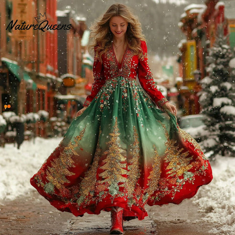 Women's Christmas Tree Pattern Elegant V-neck Dress