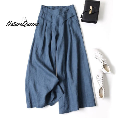 Cotton Linen Loose Semi - Elastic Cropped Pants Navy / S