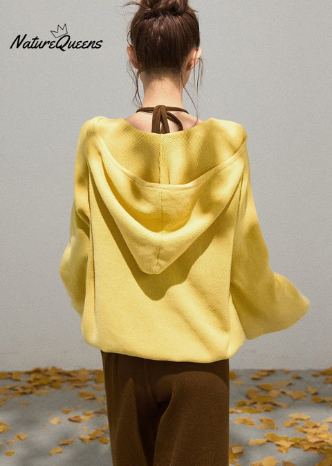Women Yellow Hooded Knit Pullover Sweatshirt Fall