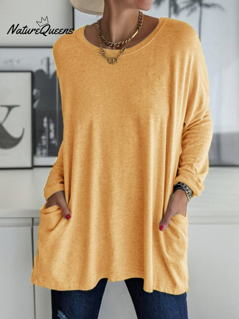 Solid Pocket Round Neck Long Sleeve T Shirt