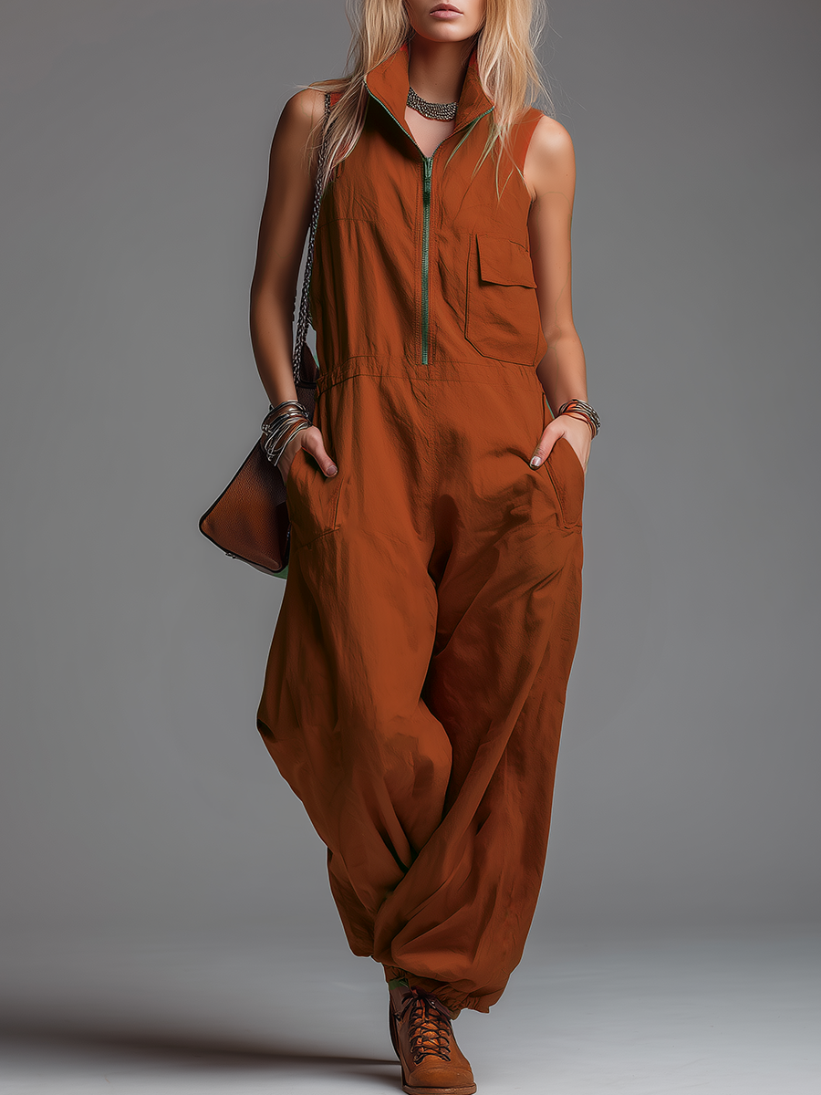 Fashionable Retro Stand-up Collar Zipper Sleeveless Jumpsuit