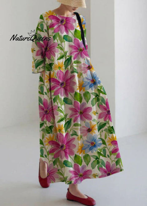 Apricot Cotton Dresses Pockets Patchwork Spring Apricot - Purple Flower / S(Fit For Eu 38 - 40 Us 6