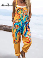 Women's Vintage Abstract Octopus Art Print Casual 100% Cotton Wide Leg Jumpsuit