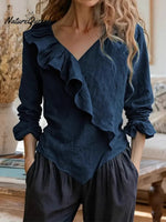 Women'S Solid Color V-Neck Ruffle Trim Cotton And Linen Top