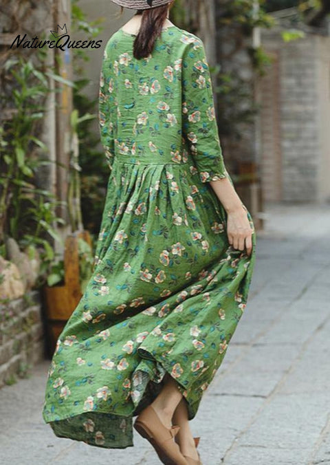 2018 green print natural linen dress Loose fitting O neck linen clothing dresses 2018 Three Quarter sleeve baggy dresses