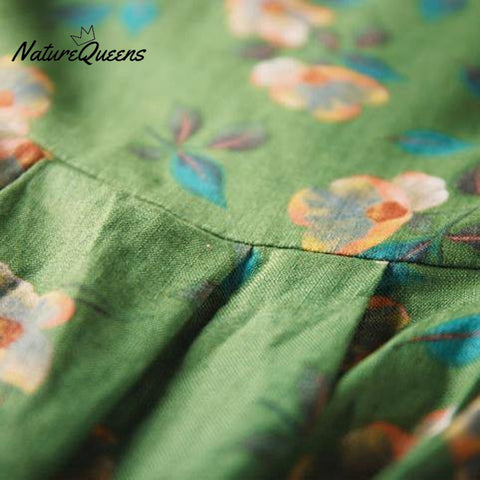 2018 green print natural linen dress Loose fitting O neck linen clothing dresses 2018 Three Quarter sleeve baggy dresses