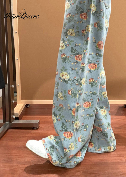 Women Blue Flower Print Denim Wide Leg Pants Fall