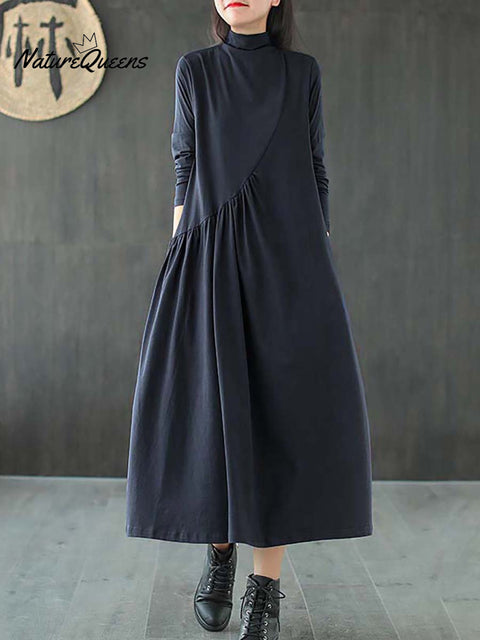 Plus Size Solid Color Draped High Neckline Dress