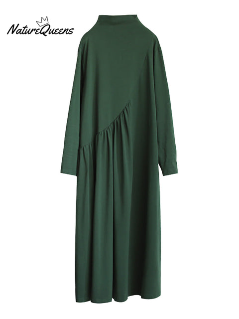 Plus Size Solid Color Draped High Neckline Dress