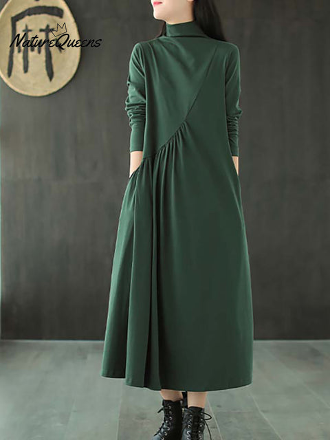 Plus Size Solid Color Draped High Neckline Dress