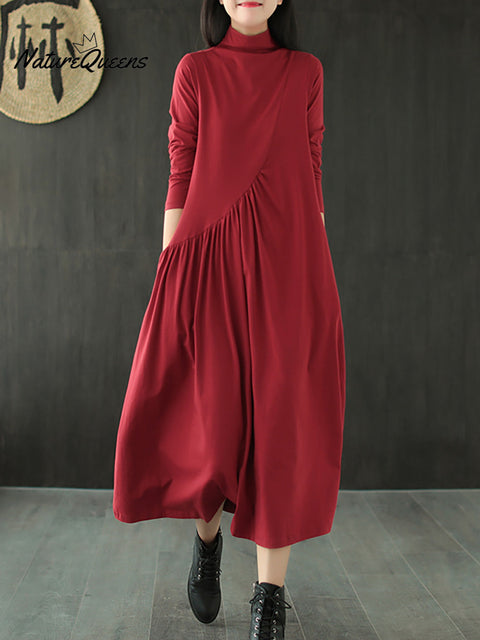 Plus Size Solid Color Draped High Neckline Dress