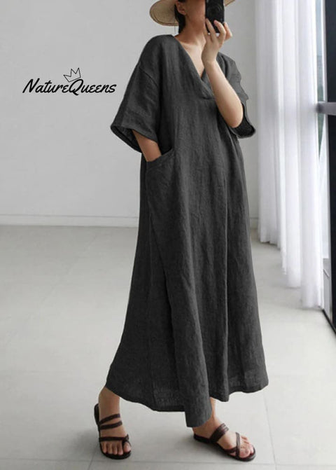 Plus Size Grey Peter Pan Collar Pockets Linen Long Dresses Short Sleeve