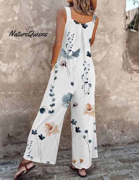 Breezy Plant Print Sleeveless Jumpsuit