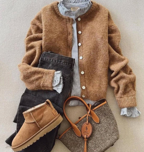 Brown Long Sleeve Plain Cardigan