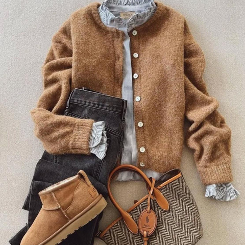 Brown Long Sleeve Plain Cardigan