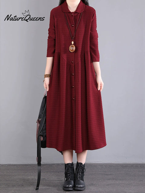 Plus Size Women Autumn Commute Solid Button Loose Dress