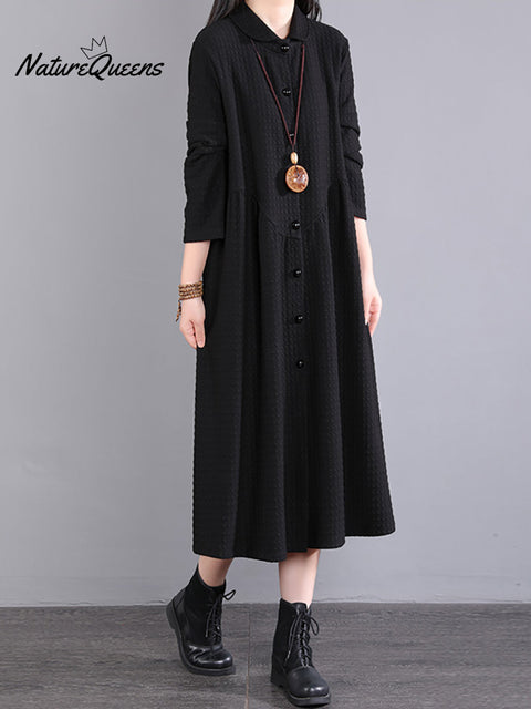 Plus Size Women Autumn Commute Solid Button Loose Dress
