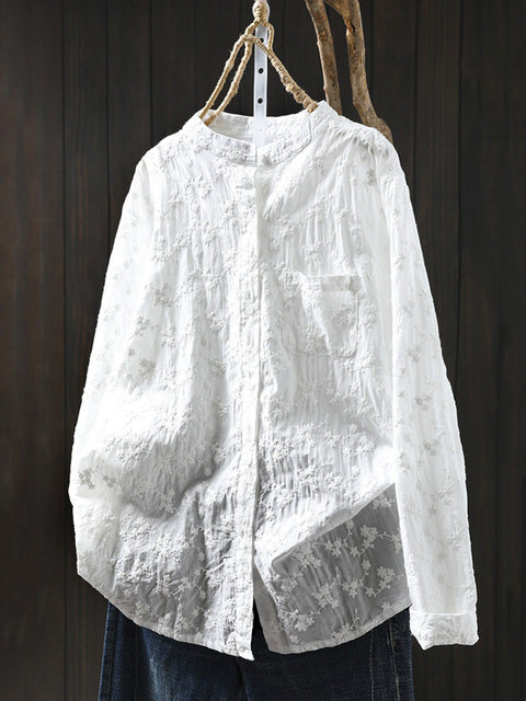 Women Spring 100%Cotton Flower Jacquard Shirt