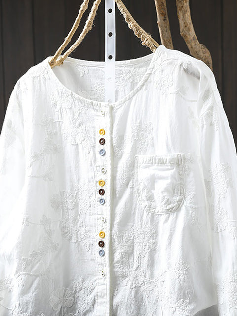 Women Spring 100%Cotton Embroidery O-Neck Shirt