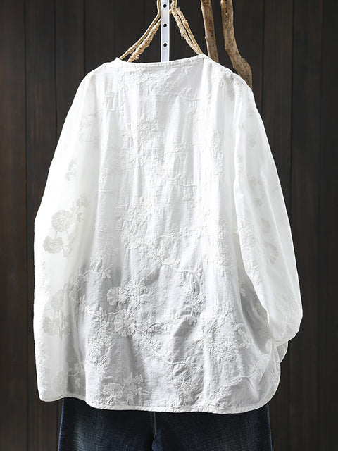 Women Spring 100%Cotton Embroidery O-Neck Shirt