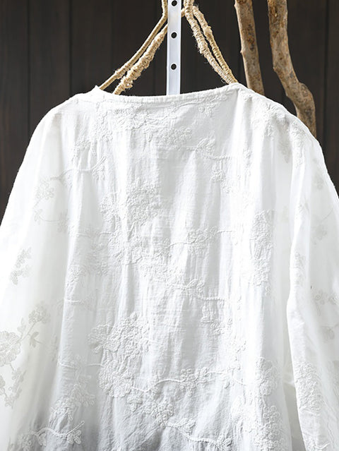 Women Spring 100%Cotton Embroidery O-Neck Shirt