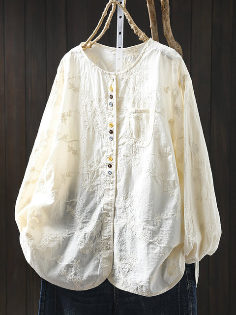 Women Spring 100%Cotton Embroidery O-Neck Shirt