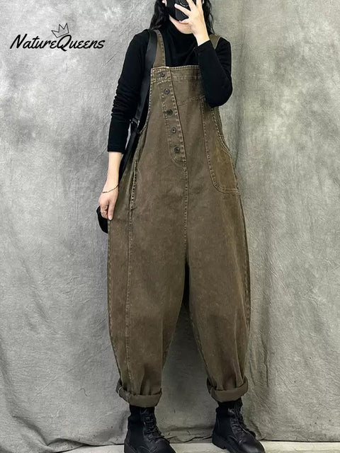 Plus Size Women Spring Retro Pure Color Loose Jumpsuits
