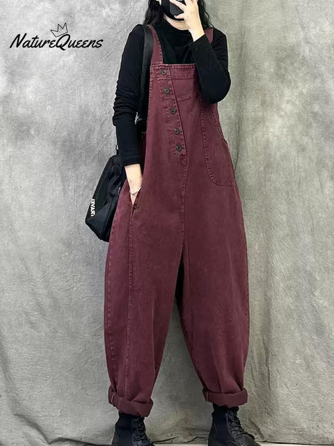 Plus Size Women Spring Retro Pure Color Loose Jumpsuits