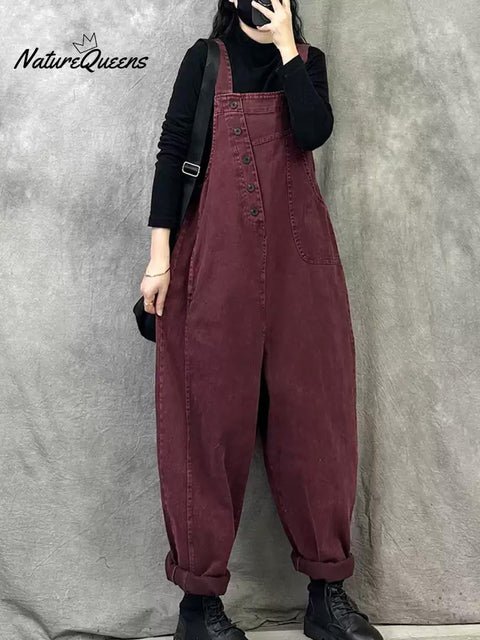 Plus Size Women Spring Retro Pure Color Loose Jumpsuits