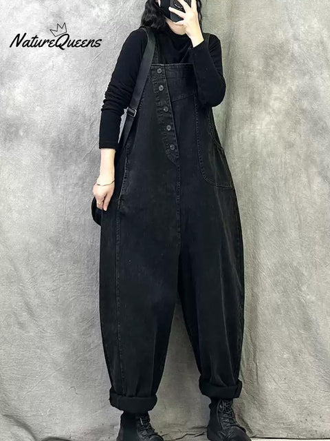 Plus Size Women Spring Retro Pure Color Loose Jumpsuits