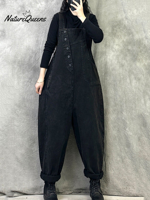 Plus Size Women Spring Retro Pure Color Loose Jumpsuits
