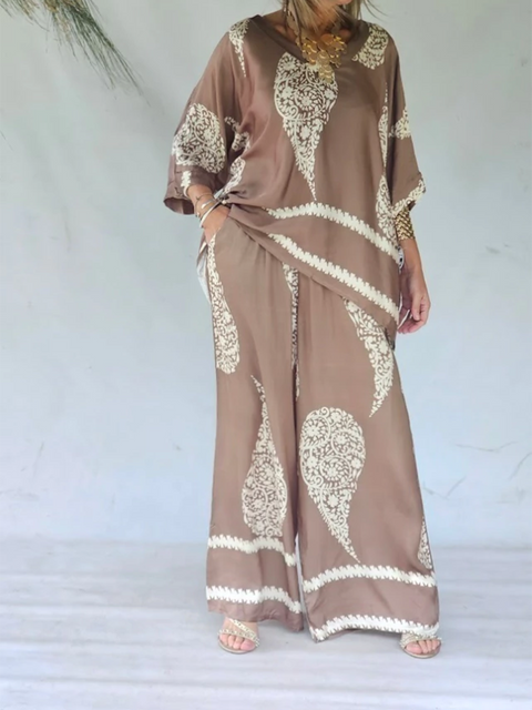 Bohemian Paisley Print Satin Loose Top and Pants